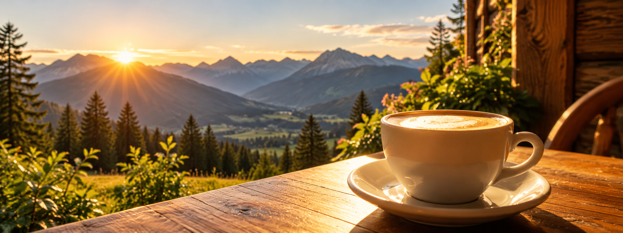 Tasse Kaffee auf einem Holztisch im warmen Licht